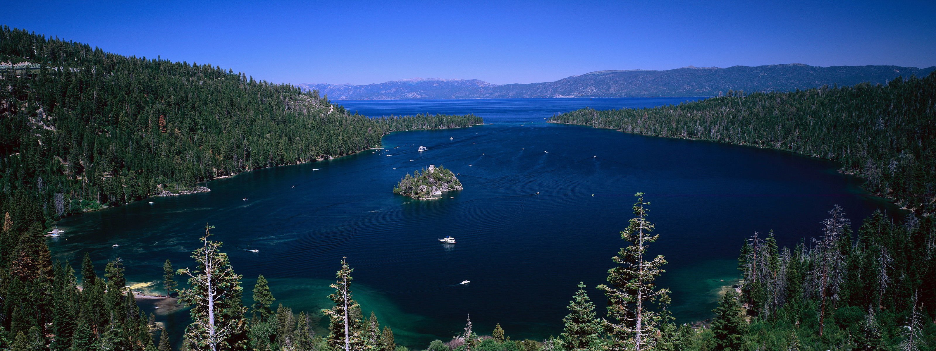 mountains landscapes forest boats lake tahoe dual screen desktop