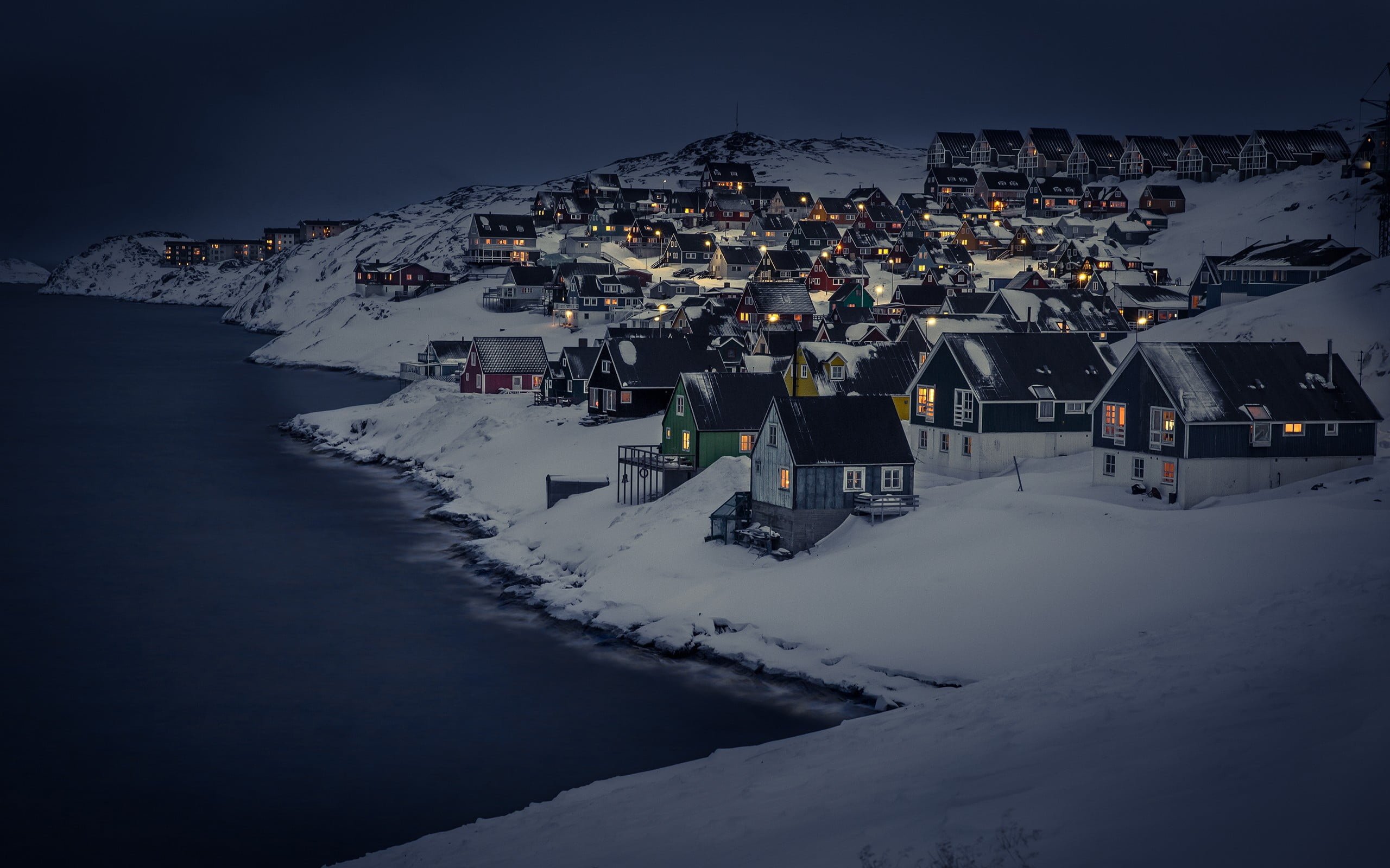 nuuk greenland snowy houses body of water hd desktop