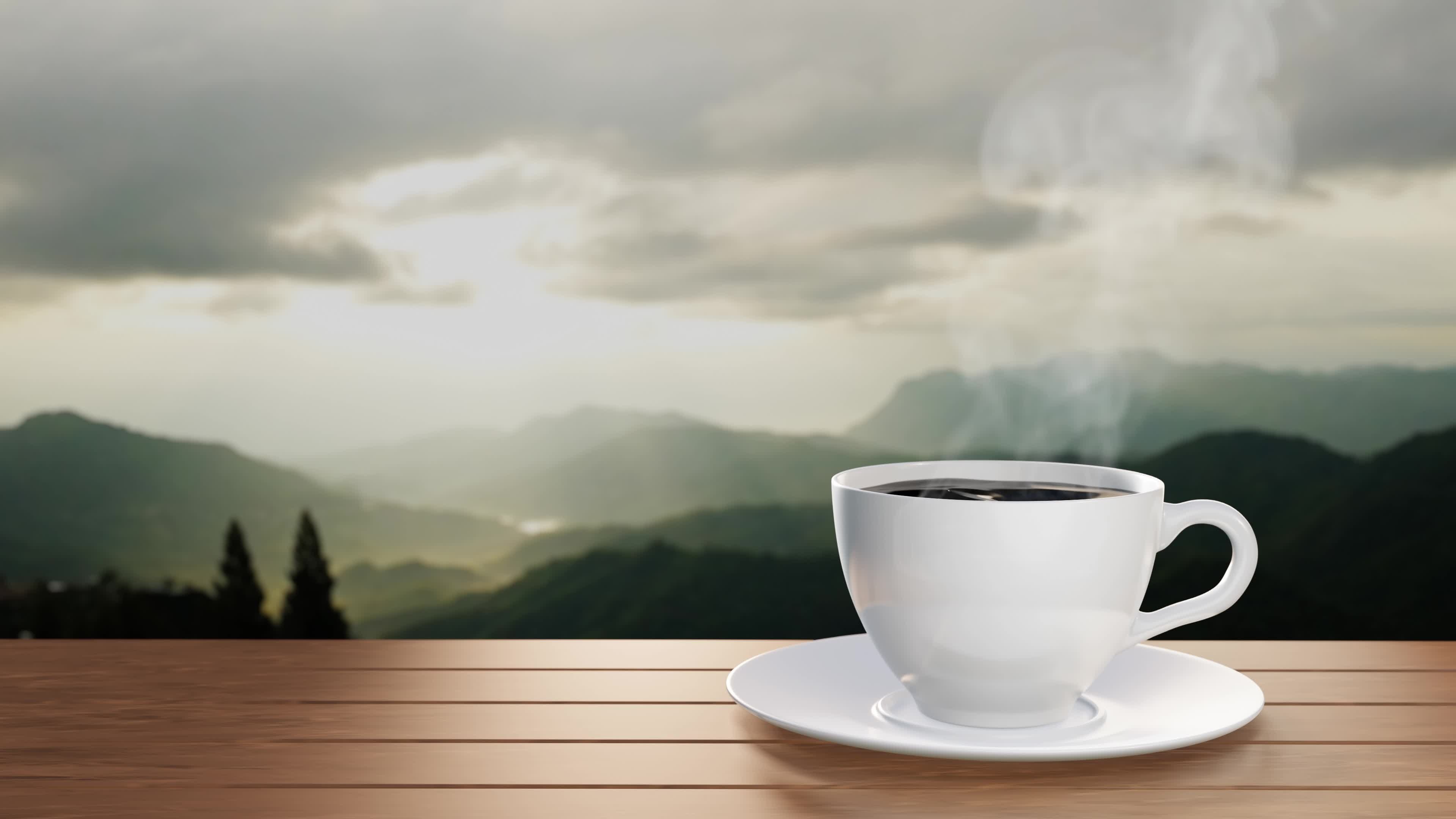 black coffee mug mountain morning hot steam breakfast scenery 4k desktop